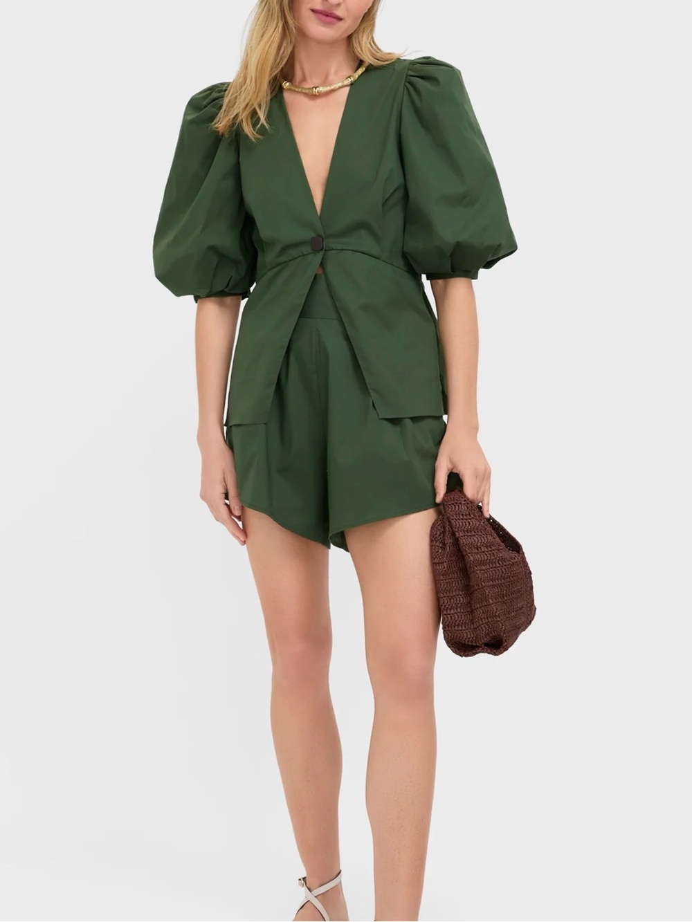 Green Puff-Sleeve V-Neck TOP ONLY